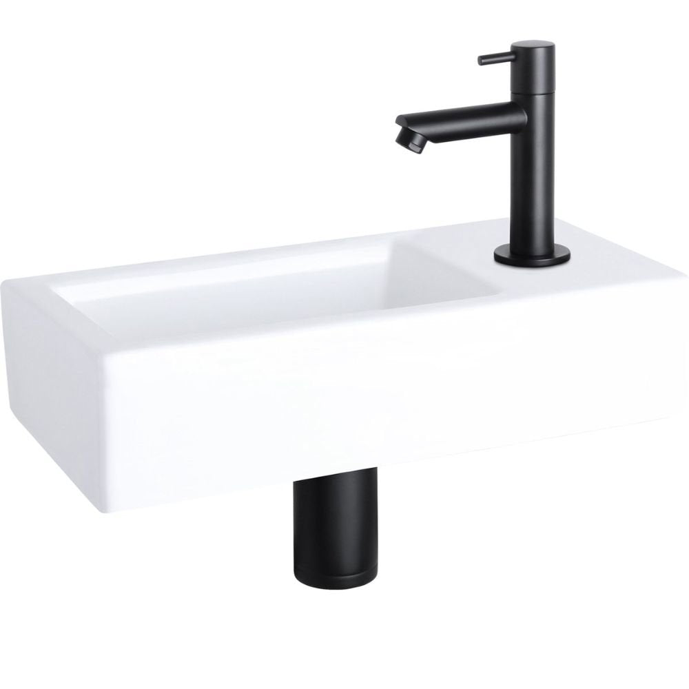 Differnz Helios Fonteinset - Kraan Rechts - Wasbak Keramiek - Wit - Rechte Kraan - Mat Zwart - Standaard Greep - 37.5 X 18.5 X 9.5 Cm