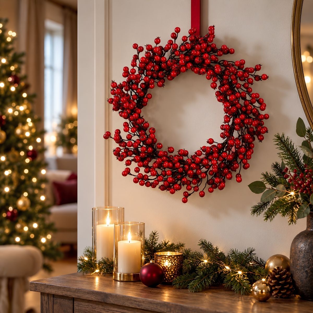 Christmas Wreath With Berries - Ø50 Cm - Foam - Red
