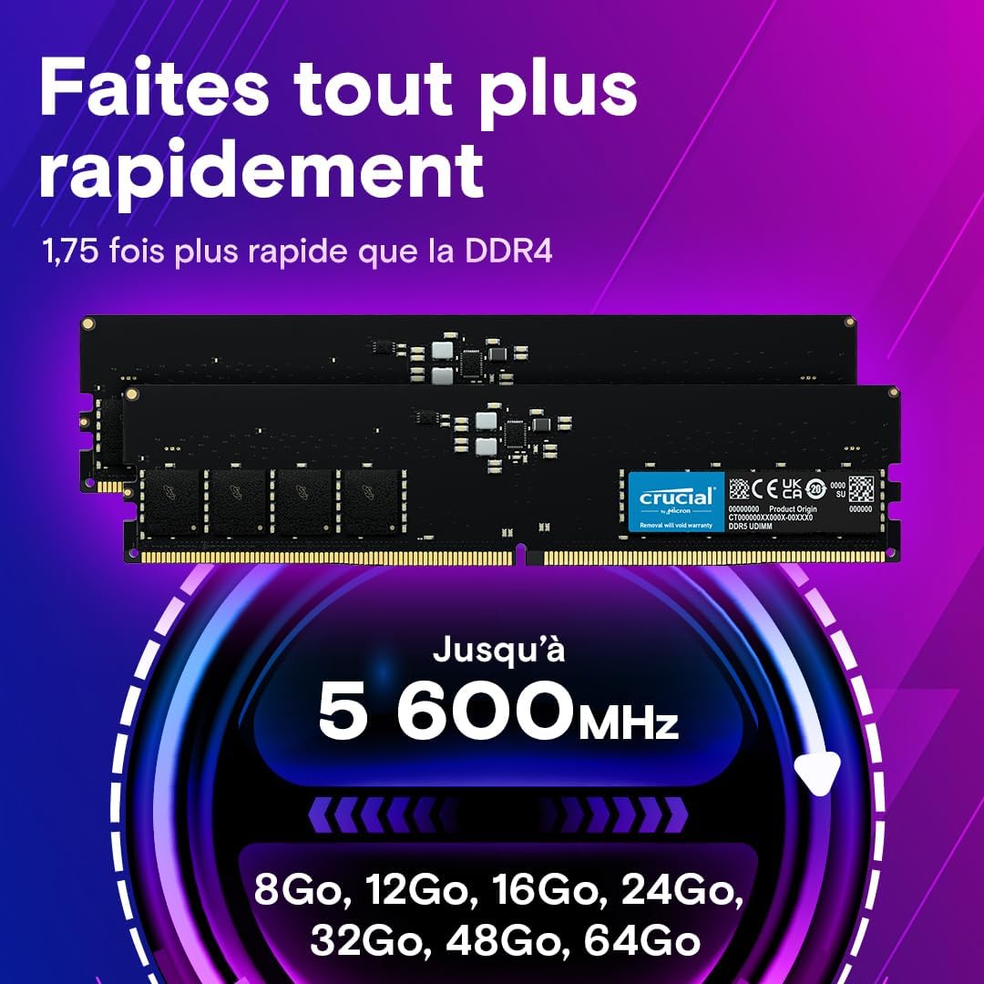 Crucial RAM DDR5 32Go Kit (2x16Go) 5600MHz, PC Mémoire (ou 5200MHz / 4800MHz) CL46 - CT2K16G56C46U5