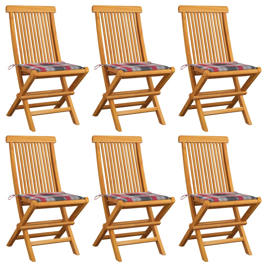 Chaises Pliantes Avec Coussins À Carreaux Rouges (6 Pièces) En Bois De Teck Massif