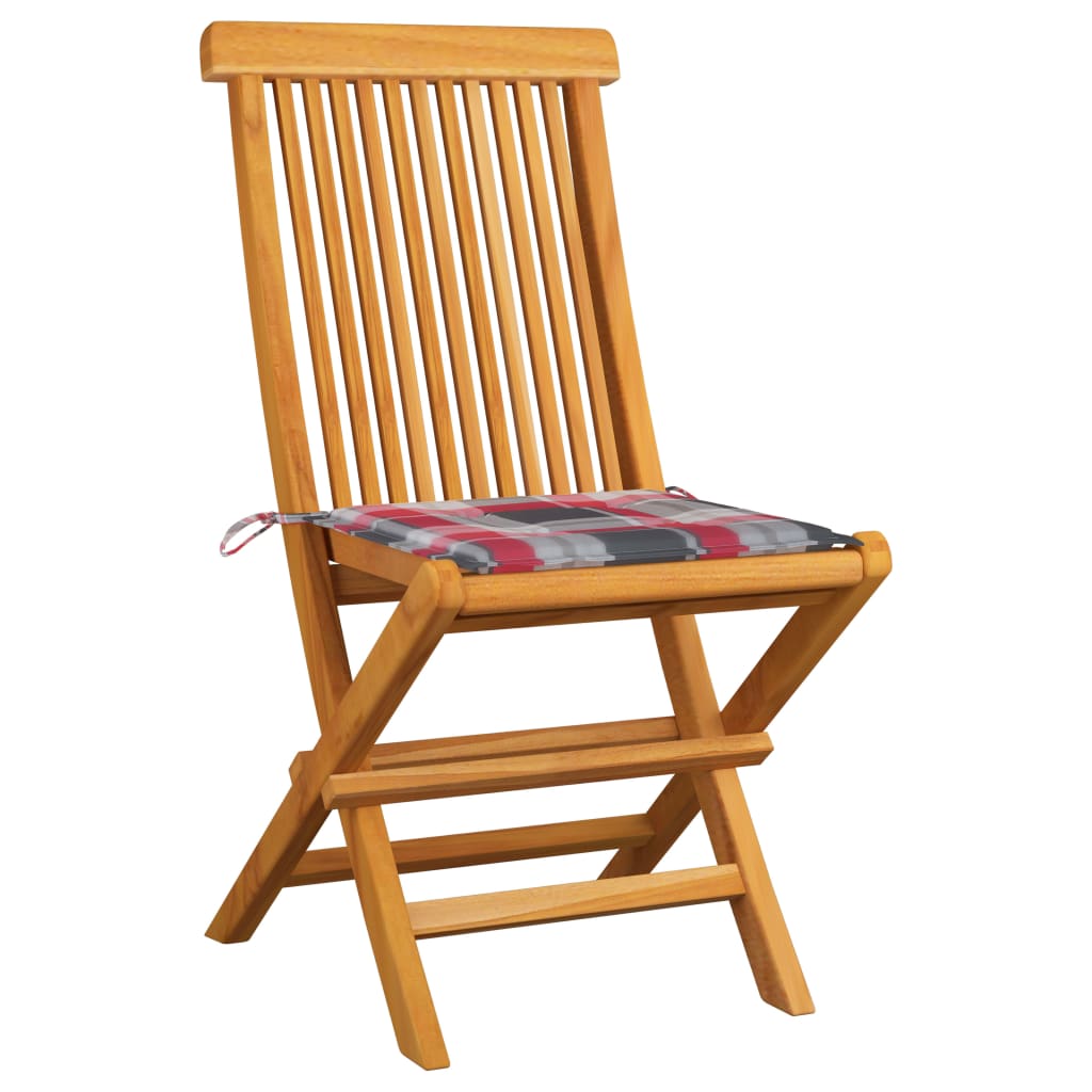 Chaises Pliantes Avec Coussins À Carreaux Rouges (6 Pièces) En Bois De Teck Massif