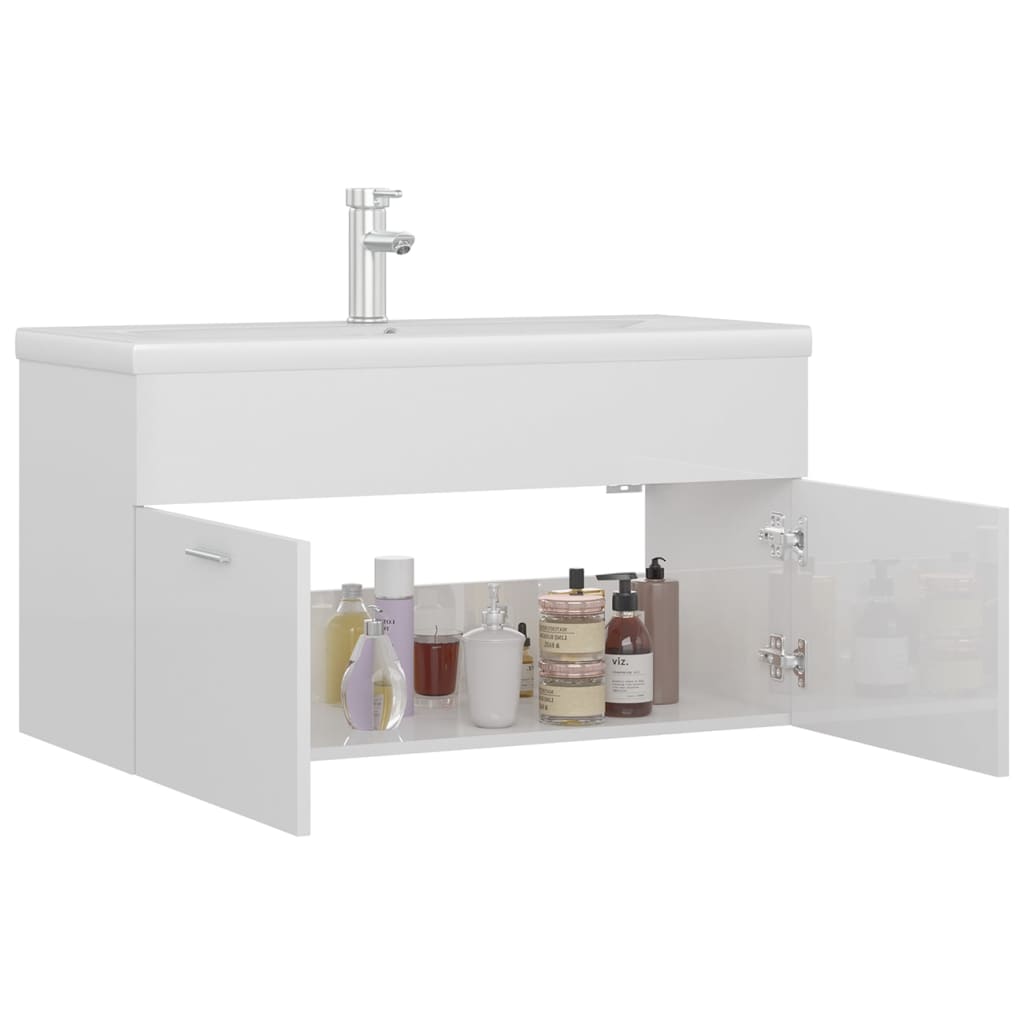 Armoire D'évier Avec Lavabo Intégré Aggloméré Blanc Brillant
