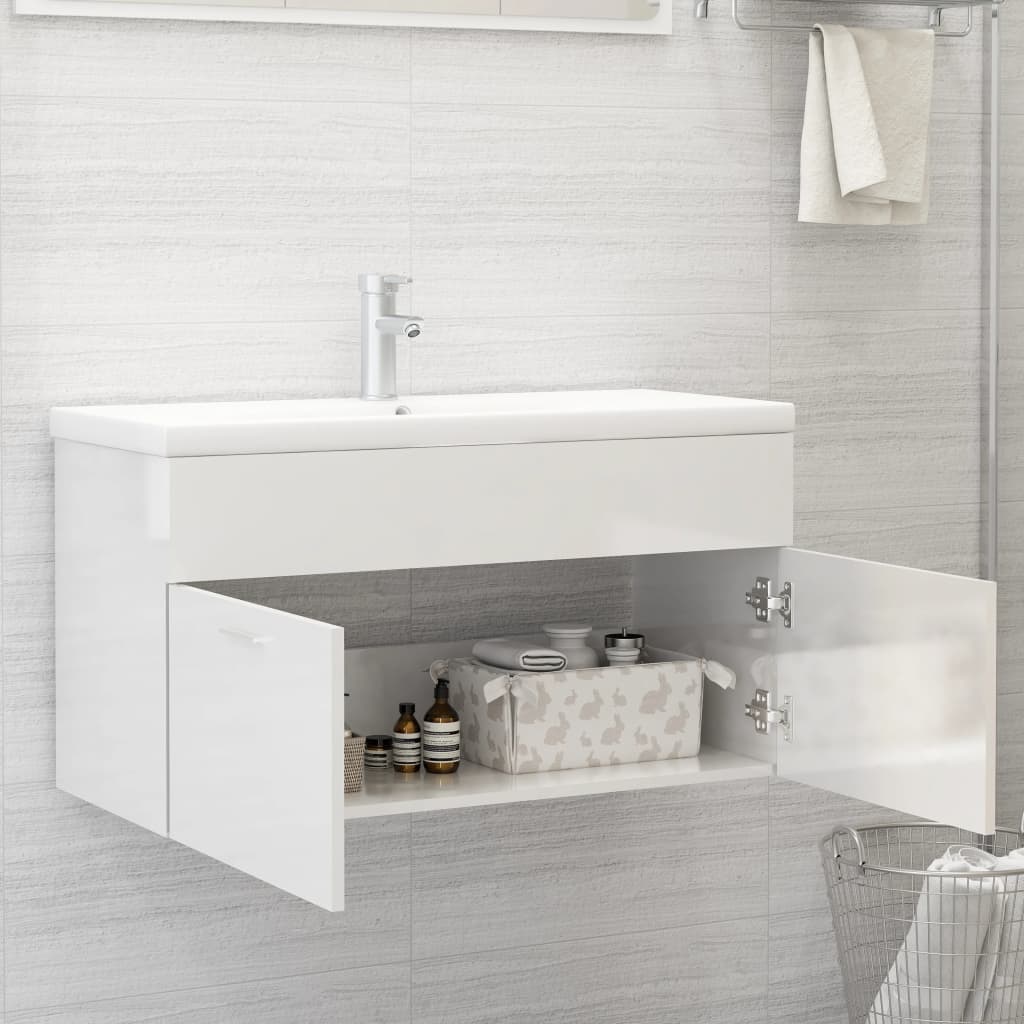Armoire D'évier Avec Lavabo Intégré Aggloméré Blanc Brillant