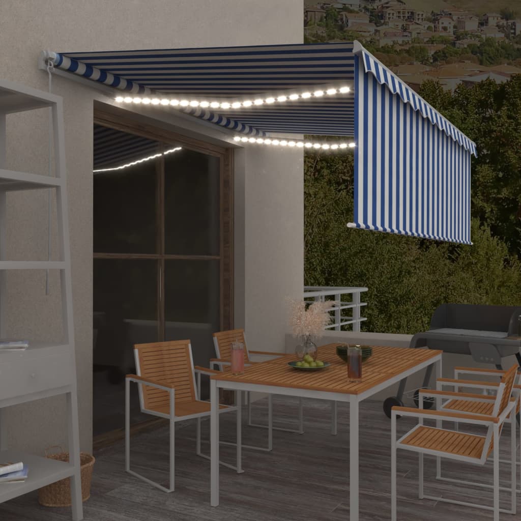 Auvent Manuel Rétractable Et Store Et Led 3X2,5 M Bleu Et Blanc