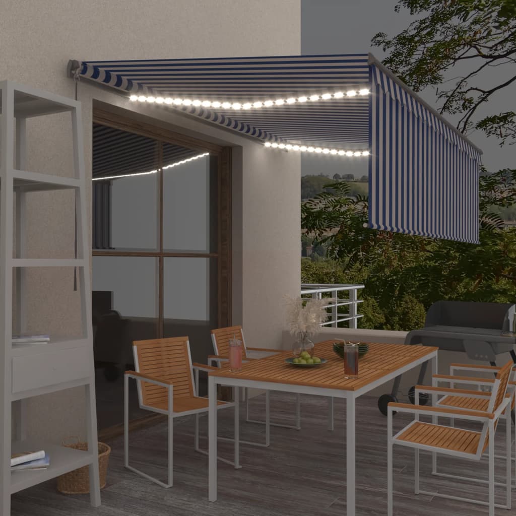 Auvent Manuel Rétractable Et Store Et Led 3X2,5 M Bleu Et Blanc
