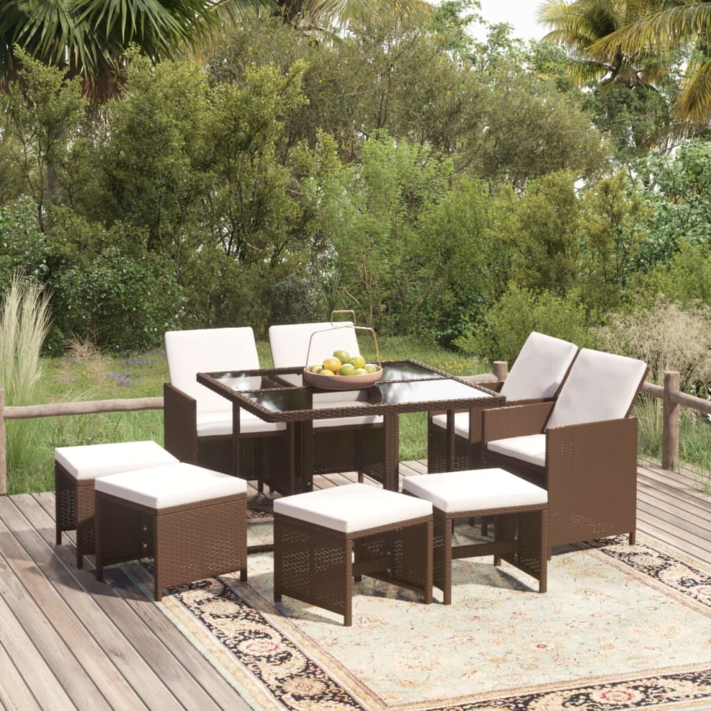 Ensemble À Dîner De Jardin Avec Coussins 5 Pcs Poly Rotin Brun Marron Et Blanc Crème