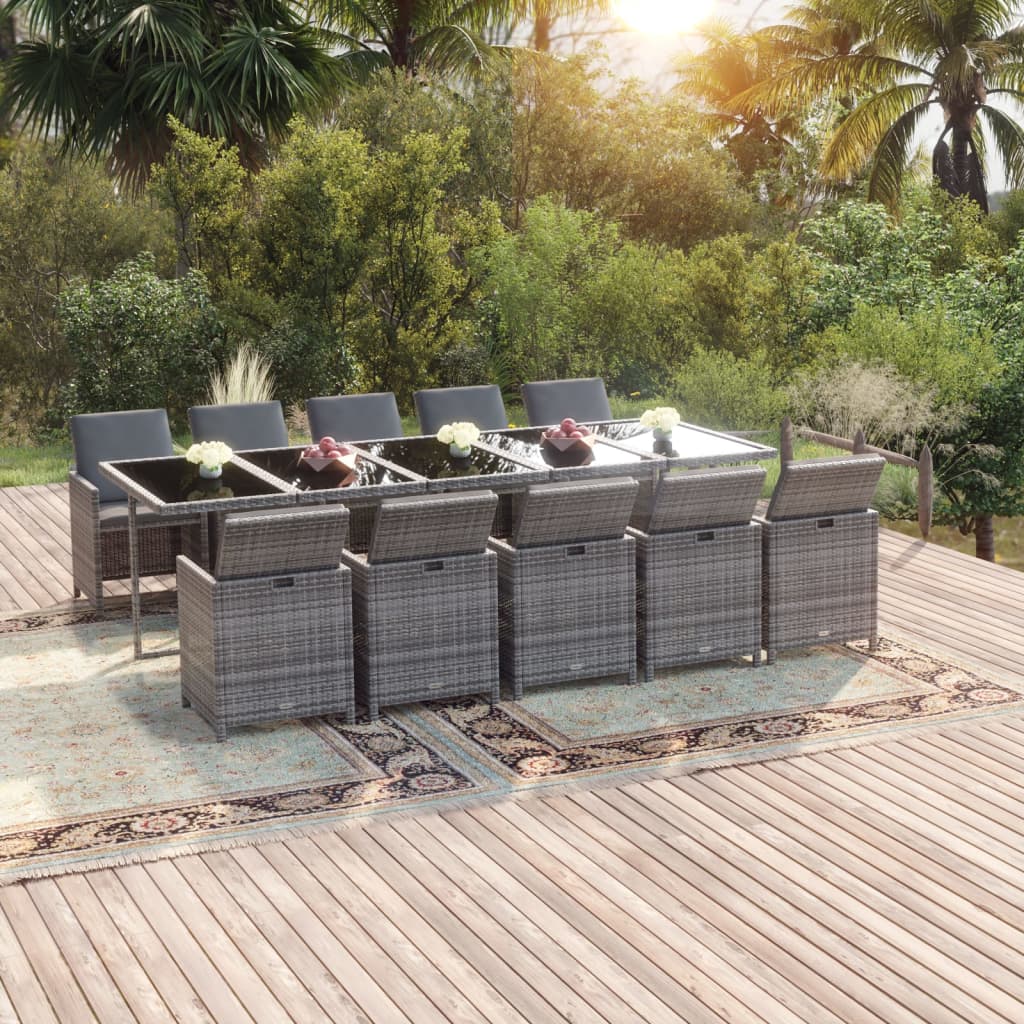 Ensemble À Manger De Jardin Coussins 11 Pcs Résine Tressée Gris