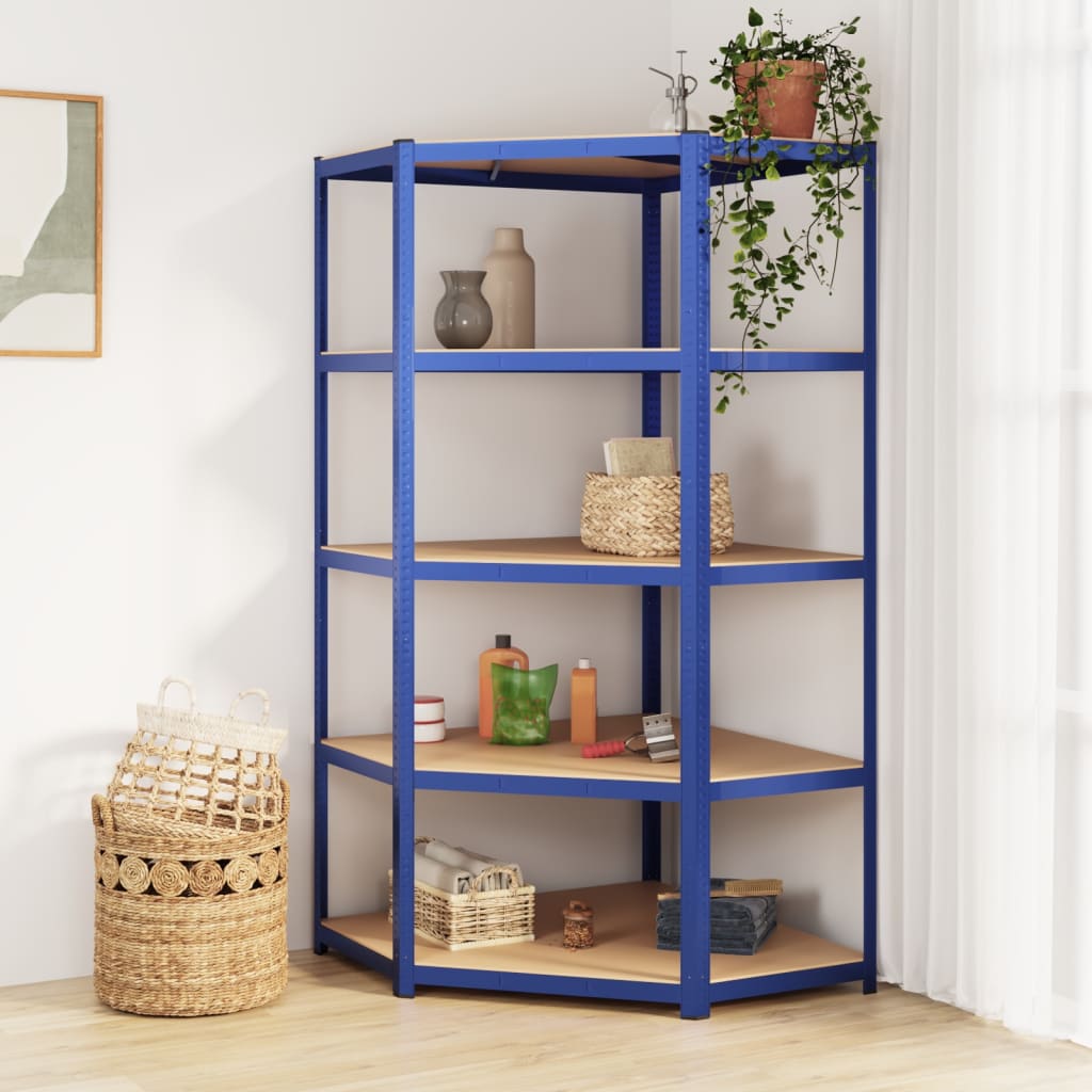 Étagère D'angle À 5 Niveaux Acier Et Bois D'ingénierie Bleu