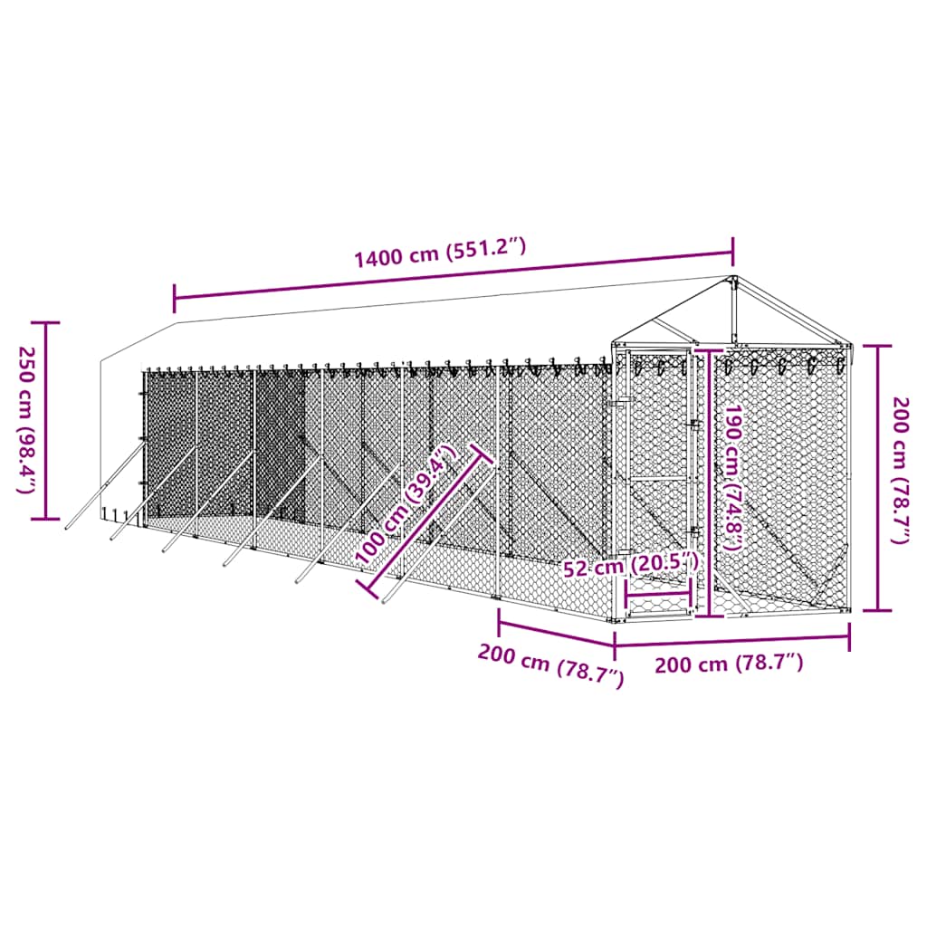 Chenil D'extérieur Pour Chiens Avec Toit Argenté 2X14X2,5 M