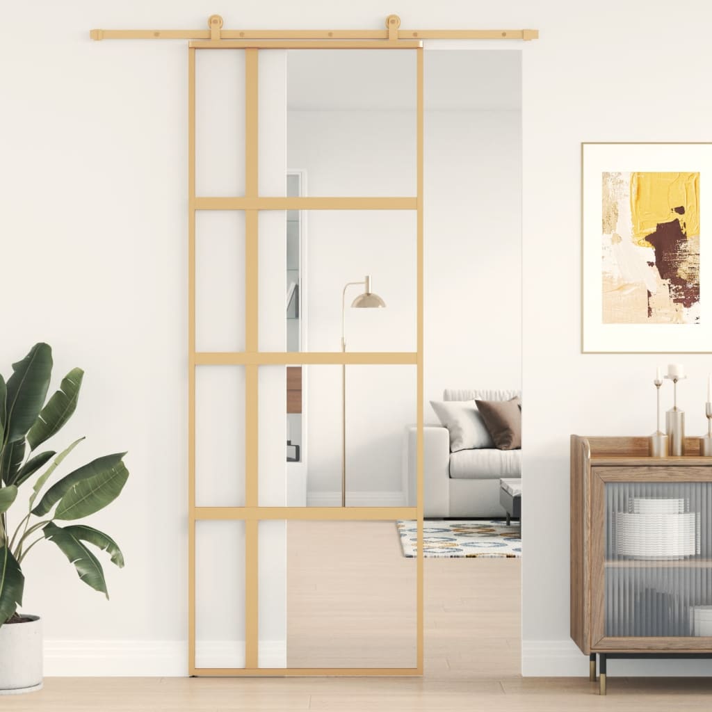 Porte Coulissante 102,5X205 Cm Verre Esg Aluminium Doré