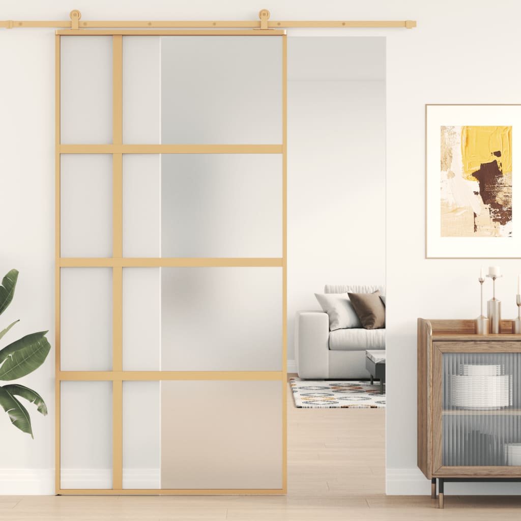Porte Coulissante 102,5X205 Cm Verre Esg Aluminium Doré