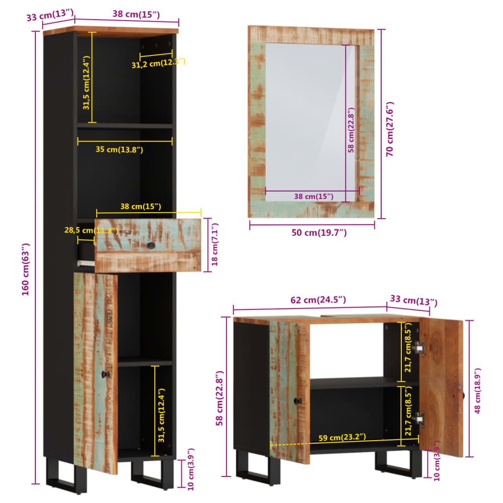 Ensemble De Meubles De Salle De Bain 3 Pcs Bois Massif Récupéré