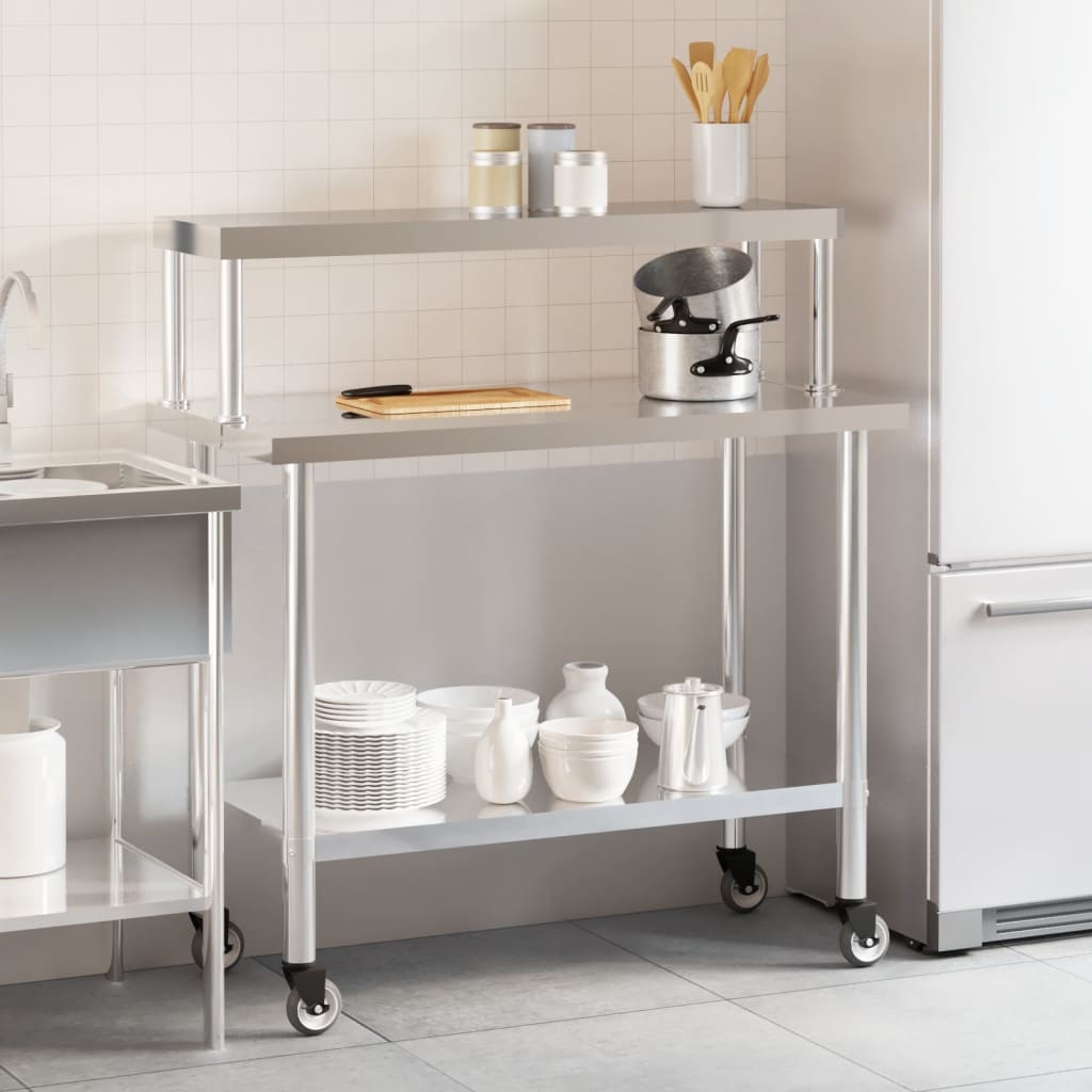 Table De Travail De Cuisine Avec Étagère 110X55X120 Cm Inox