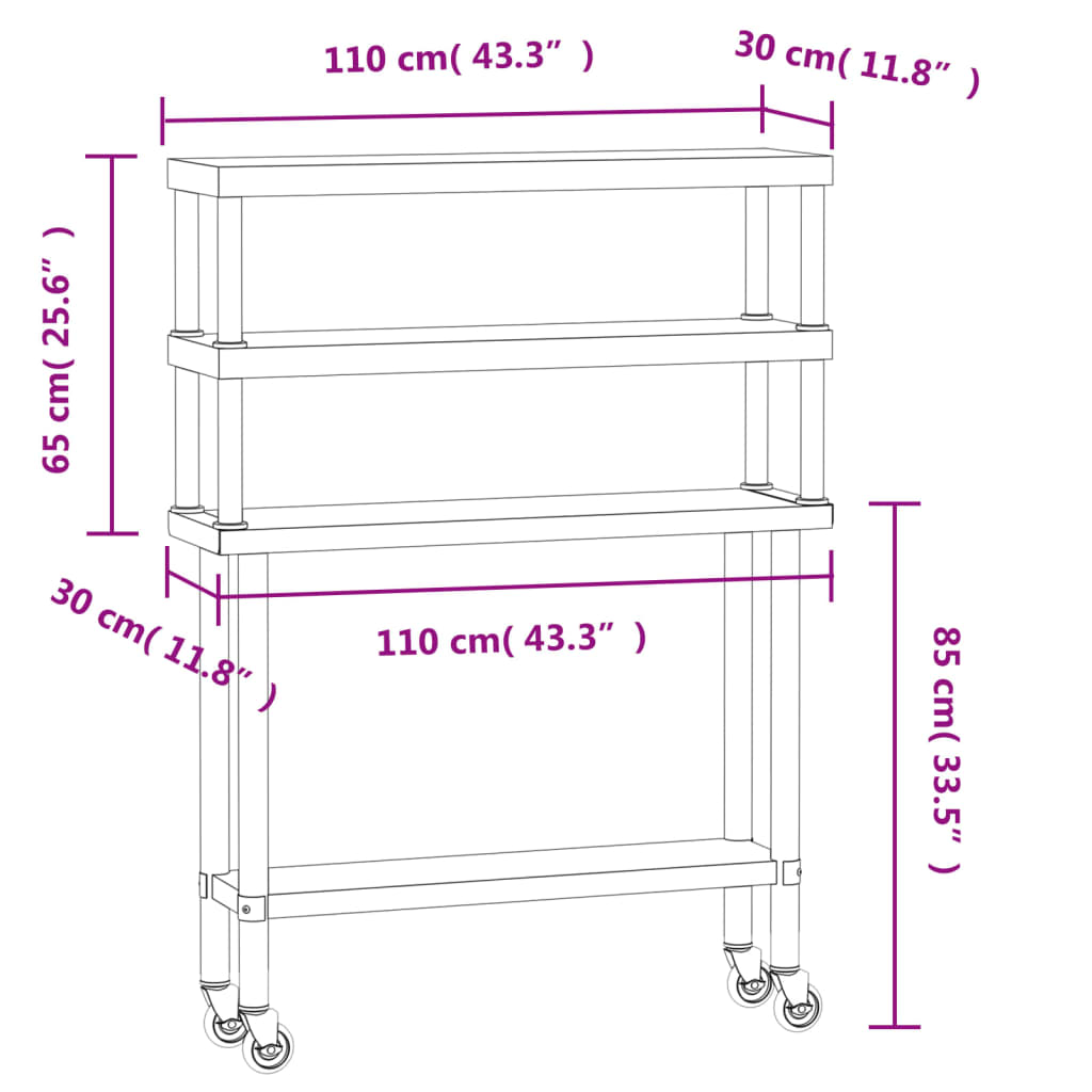 Table De Travail De Cuisine Avec Étagère 110X30X150 Cm Inox