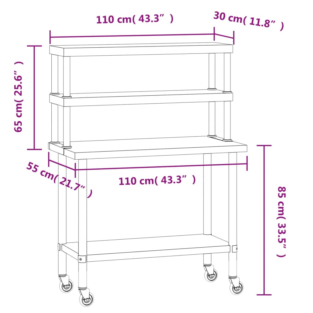 Table De Travail De Cuisine Avec Étagère 110X55X150 Cm Inox