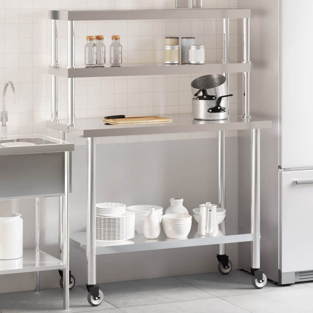 Table De Travail De Cuisine Avec Étagère 110X55X150 Cm Inox