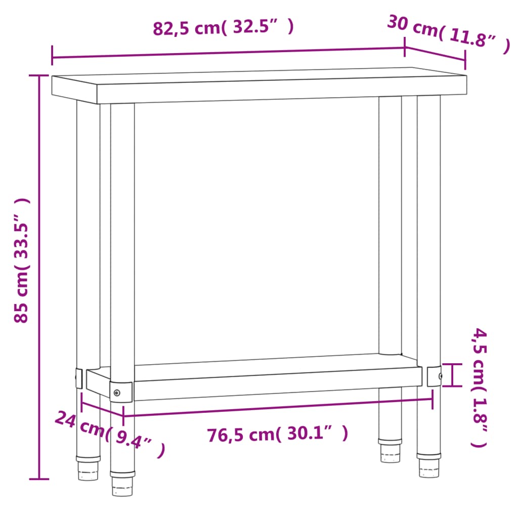 Table De Travail De Cuisine 82,5X30X85 Cm Acier Inoxydable