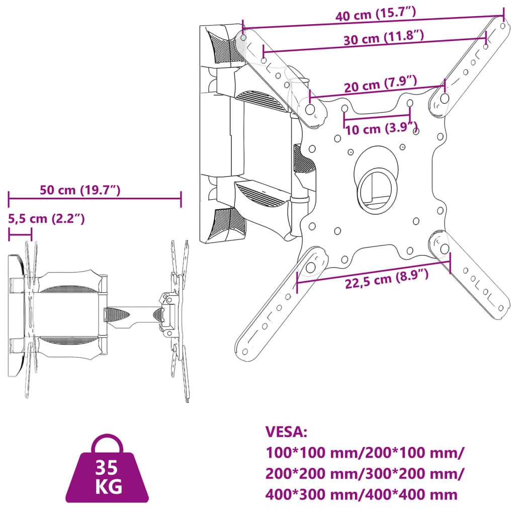 Support Tv Mural Pour Écran 32-55 Pouces Max Vesa 400X400 Mm