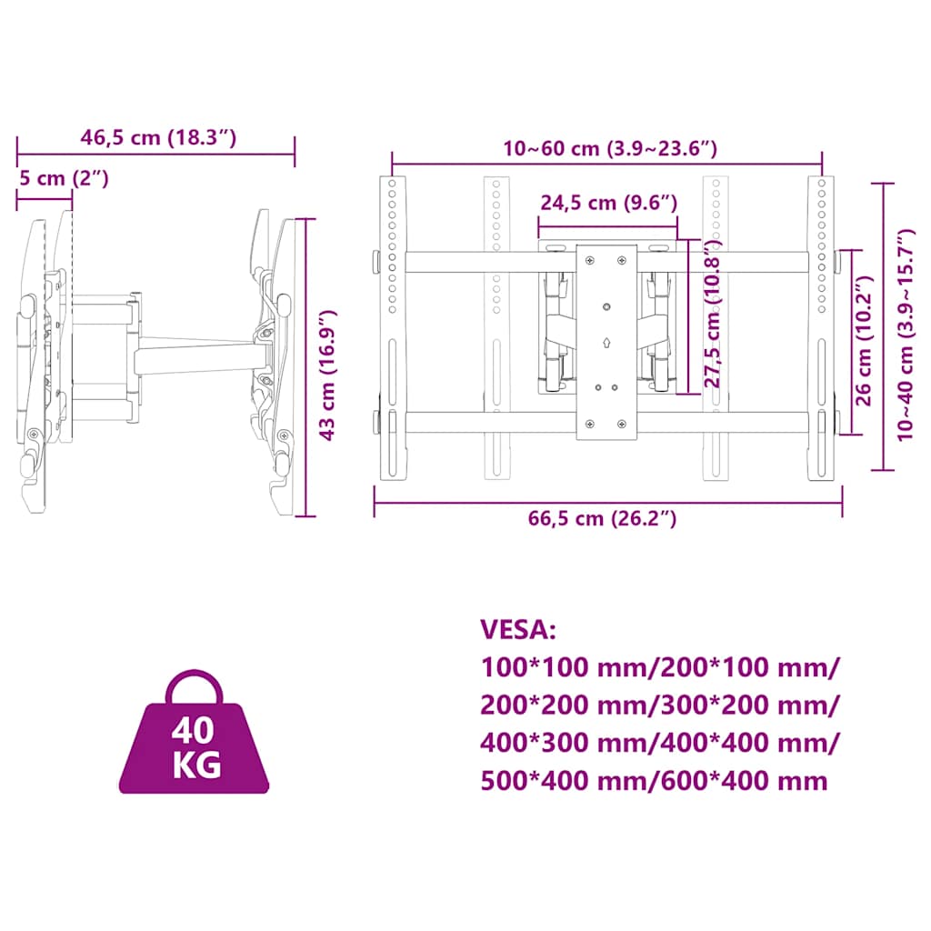 Support Tv Mural Pour Écran 37-80 Pouces Max Vesa 600X400 Mm