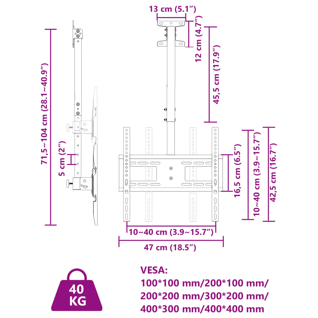 Support Tv Au Plafond Pour Écran 32-65" Max Vesa 400X400Mm 40Kg