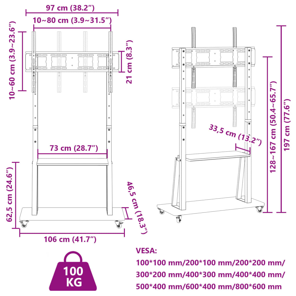 Meuble Tv Sur Roulettes Pour Écran 32-90 Pouces Max Vesa