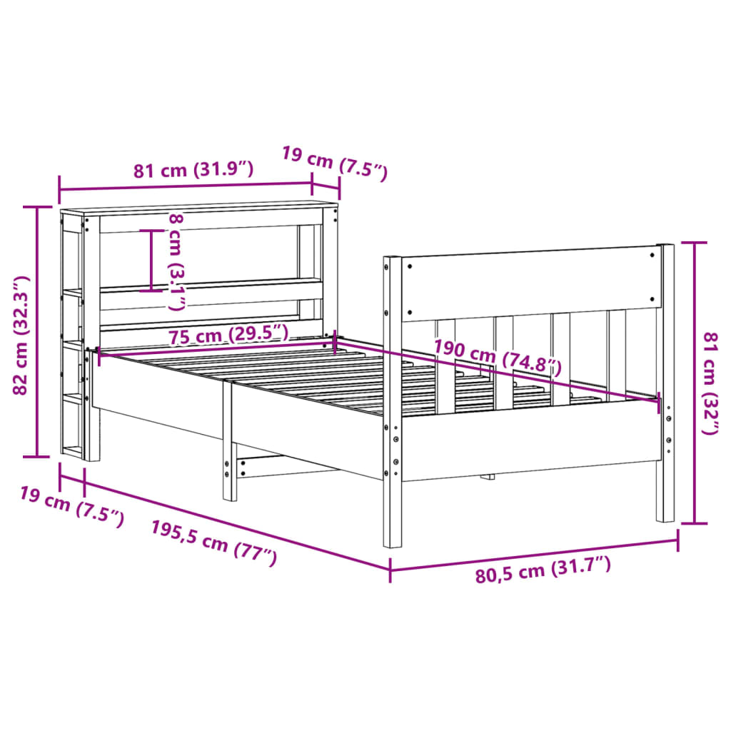 Cadre De Lit Sans Matelas Blanc 75X190 Cm Bois De Pin Massif