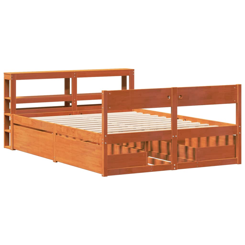 Cadre De Lit Sans Matelas Cire Marron 135X190Cm Bois Pin Massif