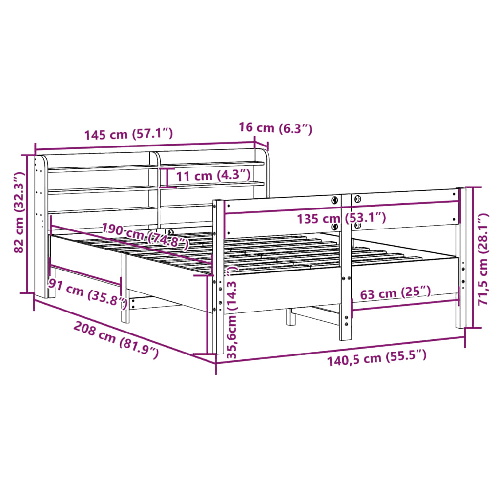 Cadre De Lit Sans Matelas Cire Marron 135X190Cm Bois Pin Massif