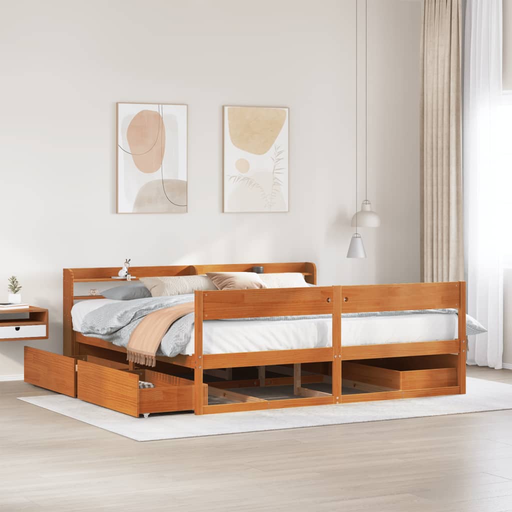 Cadre De Lit Sans Matelas Cire Marron 135X190Cm Bois Pin Massif