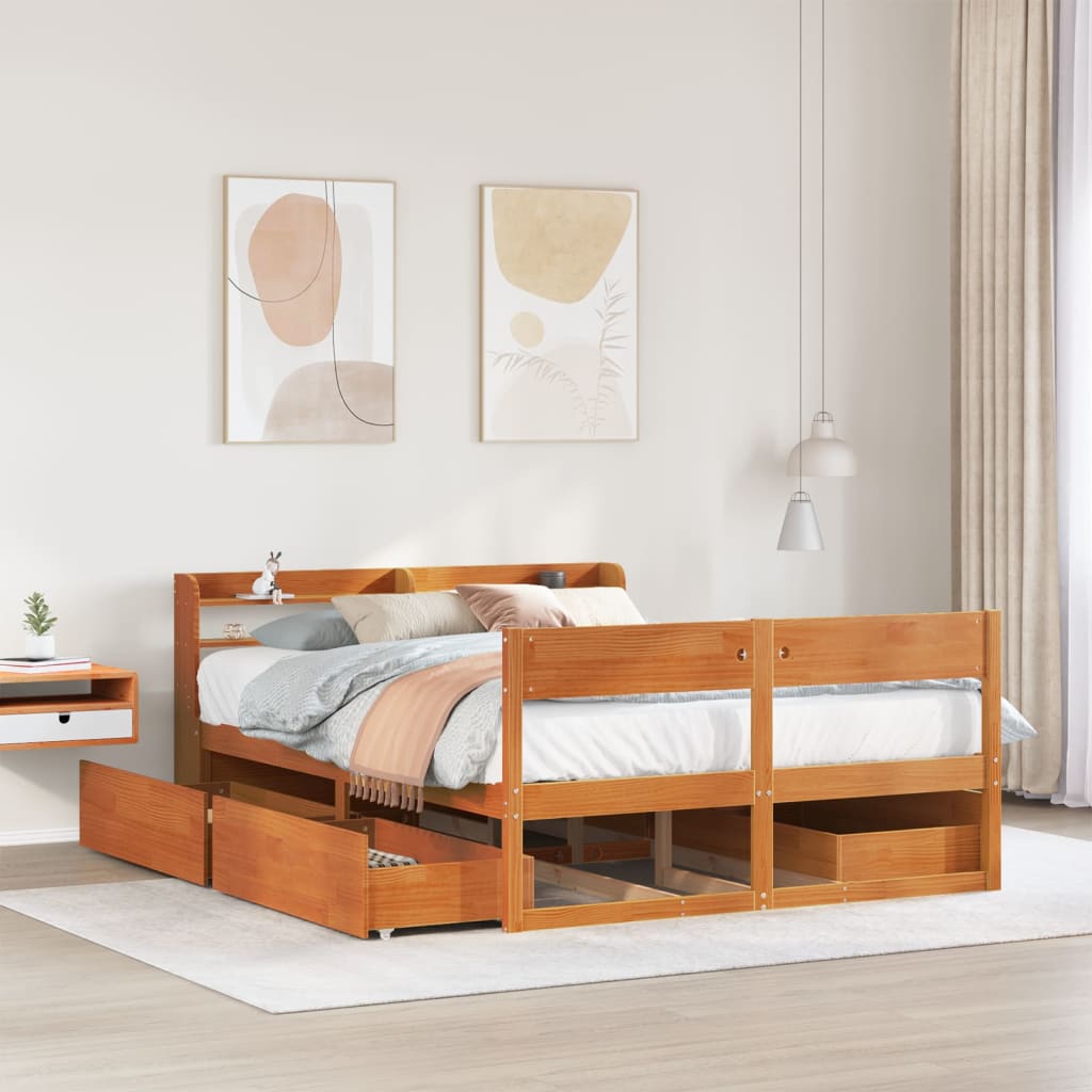 Cadre De Lit Sans Matelas Cire Marron 135X190Cm Bois Pin Massif