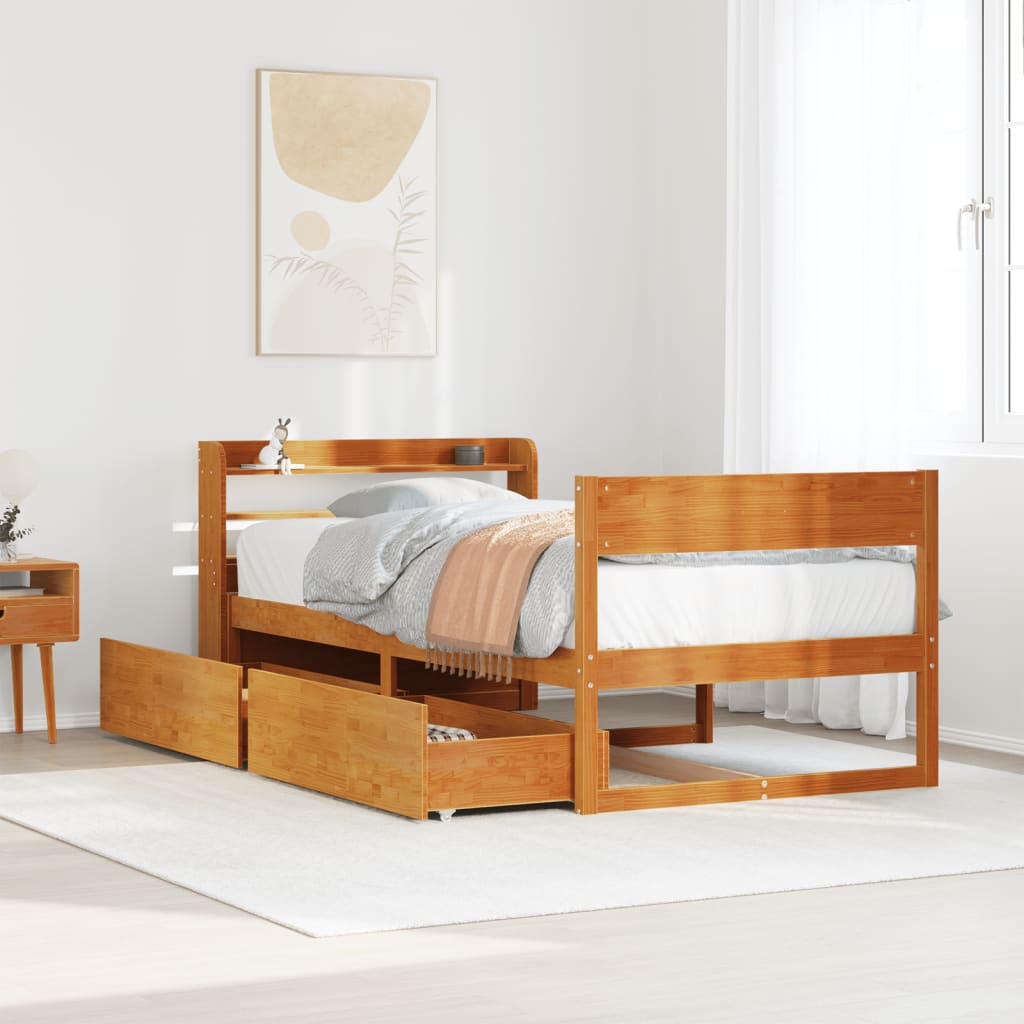 Cadre De Lit Sans Matelas Cire Marron 135X190Cm Bois Pin Massif