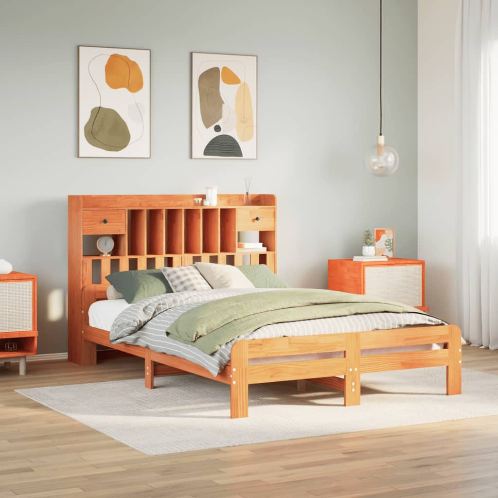 Lit Bibliothèque Sans Matelas Cire Marron 160X200 Cm Pin Massif