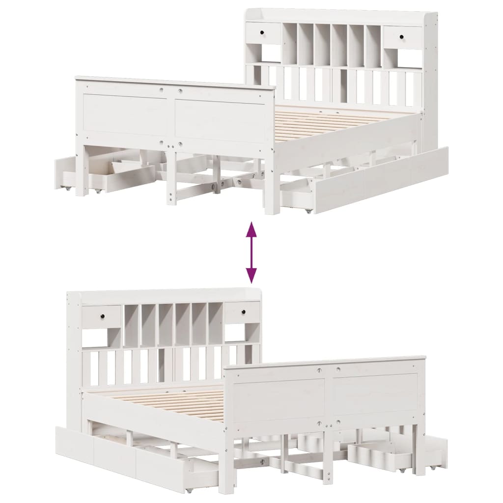 Lit Bibliothèque Sans Matelas Blanc 140X200 Cm Bois Pin Massif