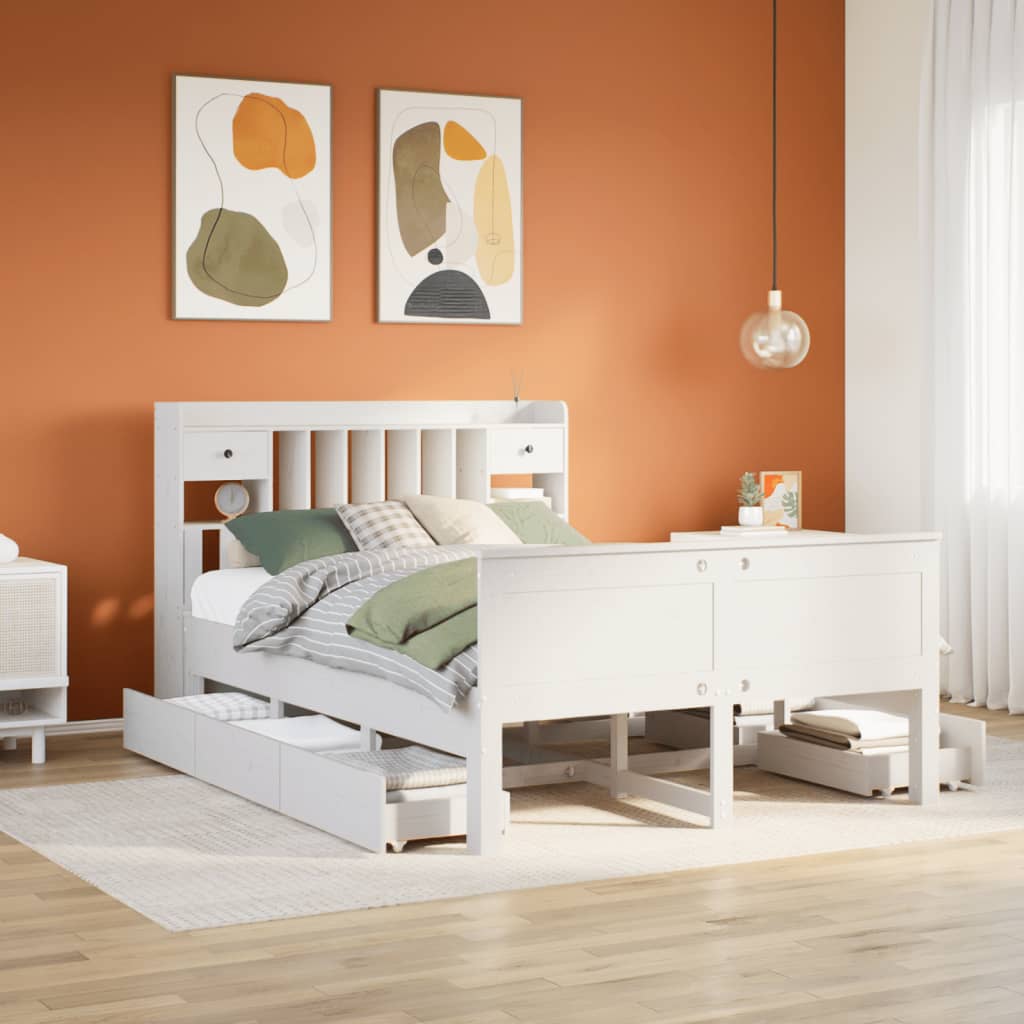 Lit Bibliothèque Sans Matelas Blanc 140X200 Cm Bois Pin Massif