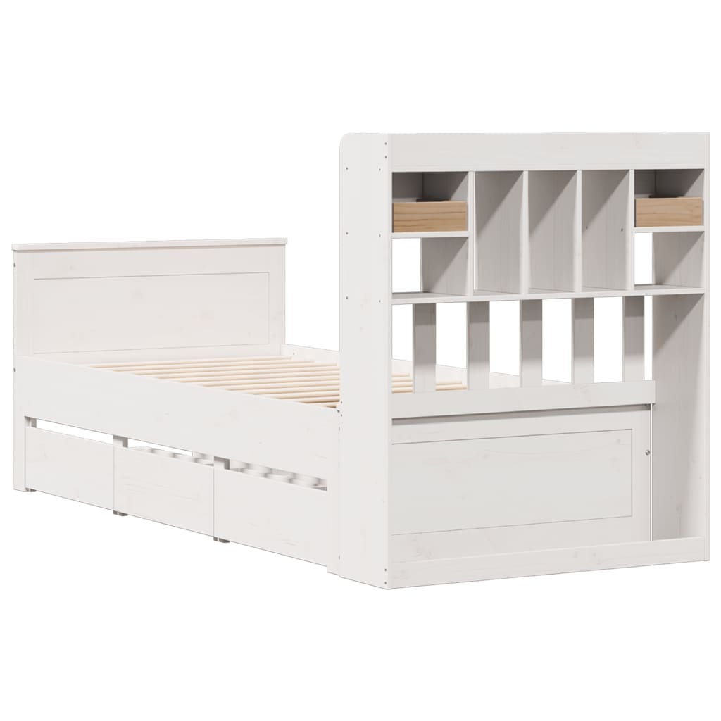 Lit Bibliothèque Sans Matelas Blanc 90X190Cm Bois De Pin Massif