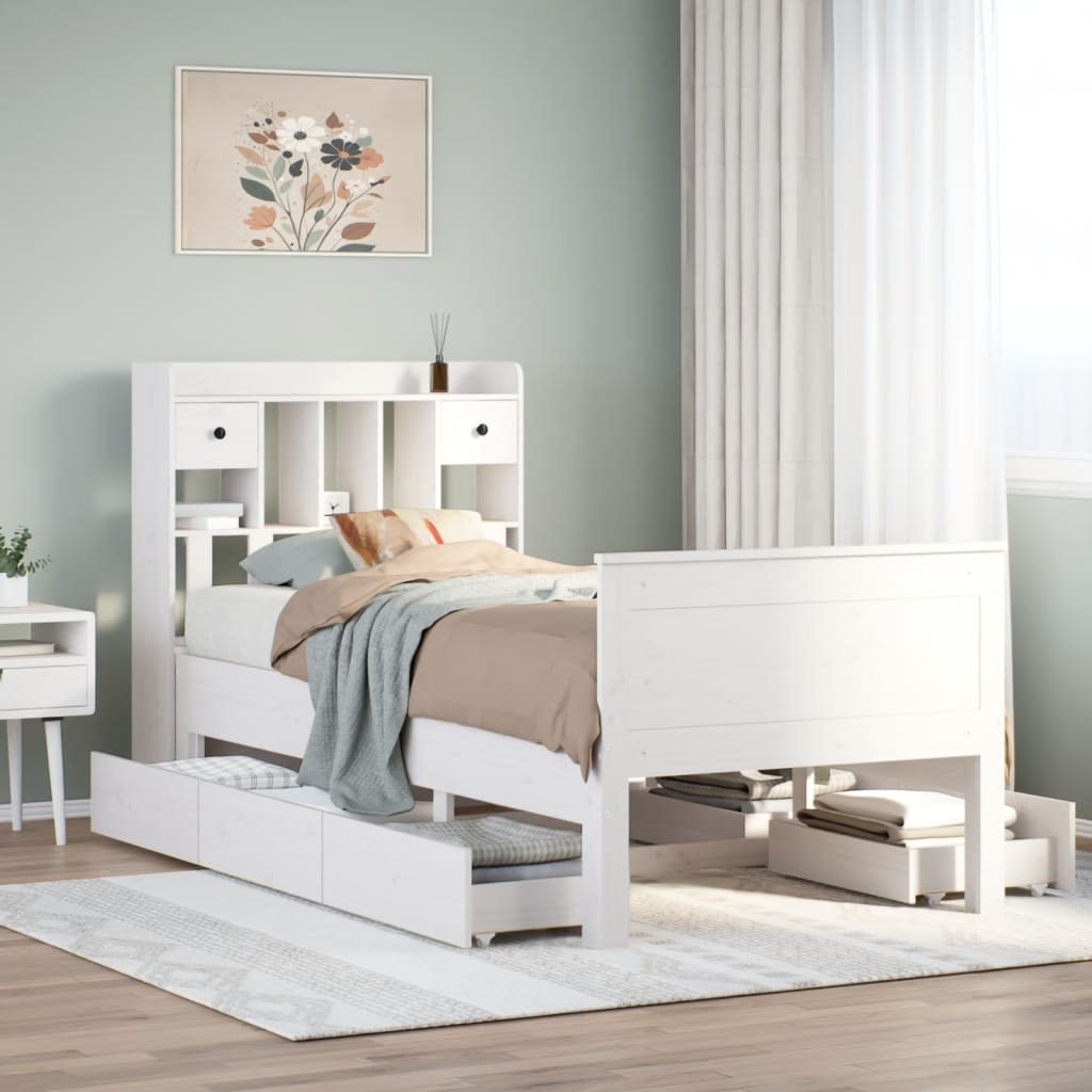 Lit Bibliothèque Sans Matelas Blanc 90X190Cm Bois De Pin Massif