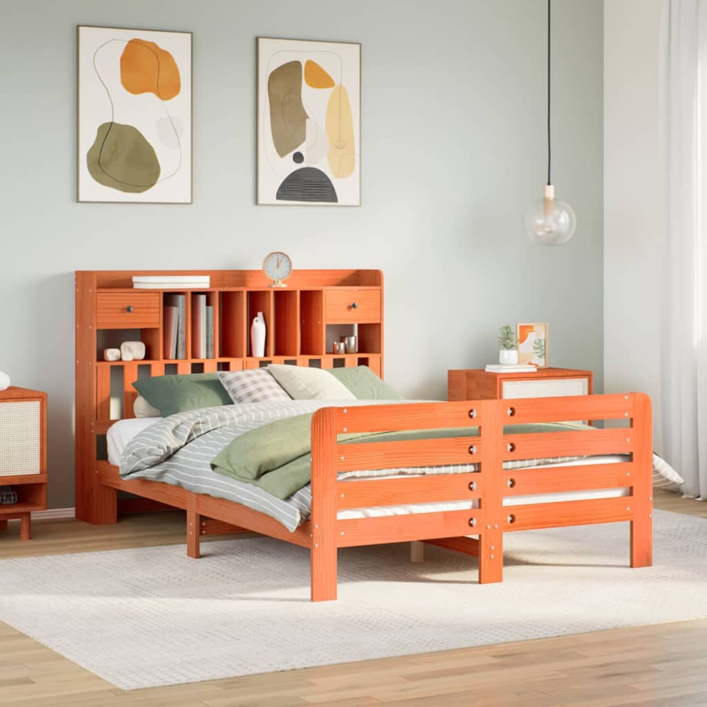 Lit Bibliothèque Sans Matelas Cire Marron 160X200 Cm Pin Massif