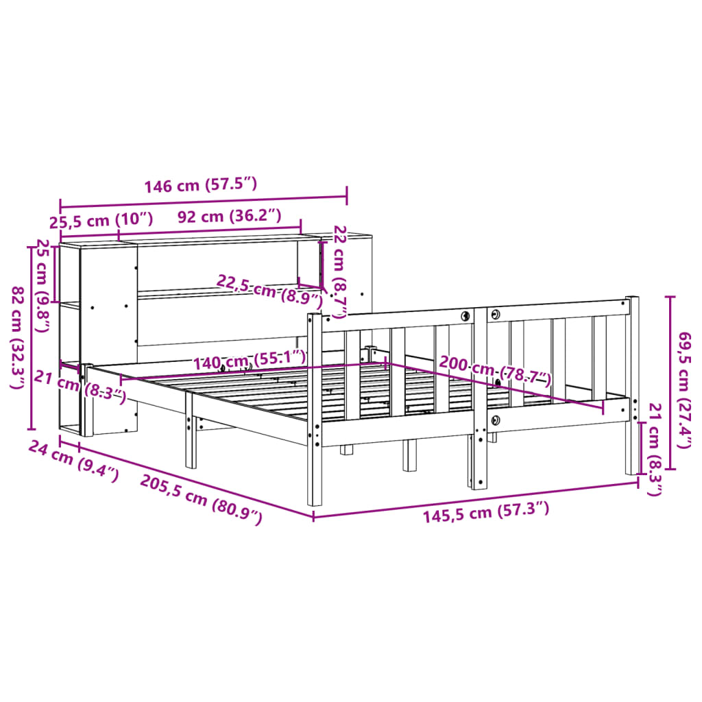Lit Bibliothèque Sans Matelas Cire Marron 140X200 Cm Pin Massif