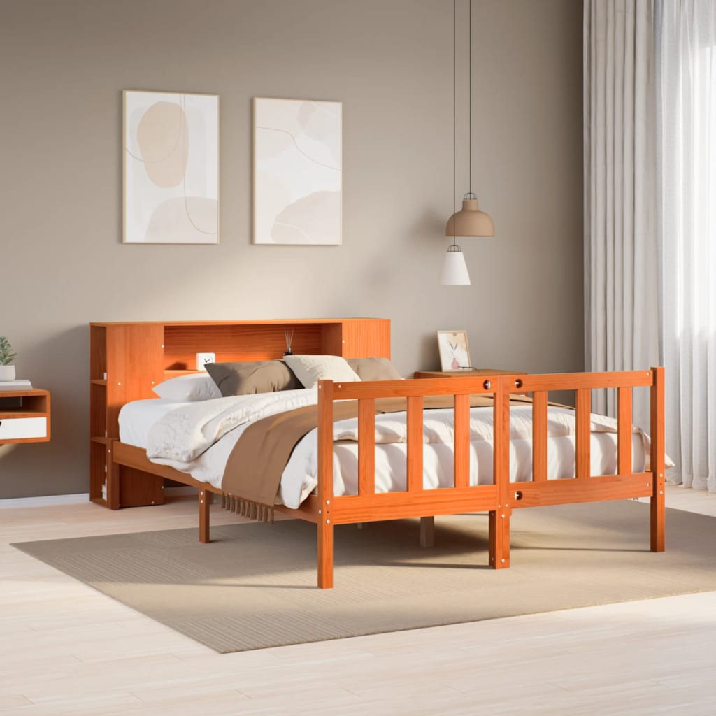 Lit Bibliothèque Sans Matelas Cire Marron 140X200 Cm Pin Massif