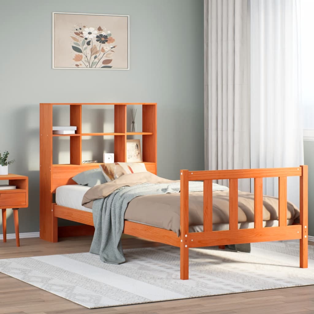 Lit Bibliothèque Sans Matelas Cire Marron 100X200 Cm Pin Massif