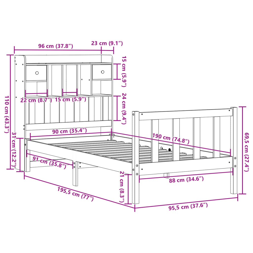 Lit Bibliothèque Sans Matelas 90X190 Cm Bois De Pin Massif