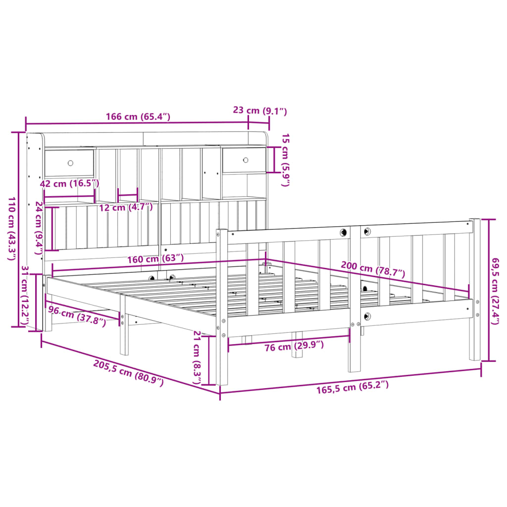 Lit Bibliothèque Sans Matelas Blanc 160X200 Cm Bois Pin Massif