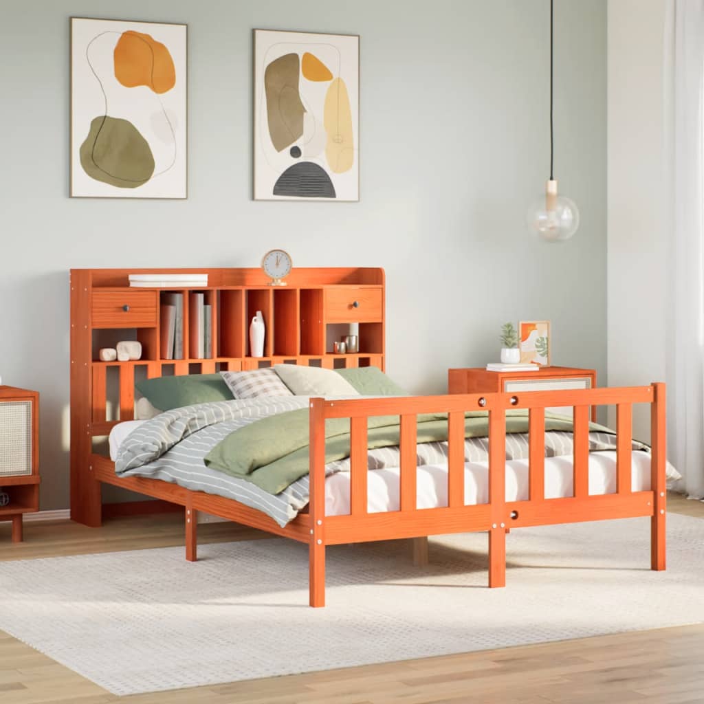 Lit Bibliothèque Sans Matelas Cire Marron 150X200 Cm Pin Massif