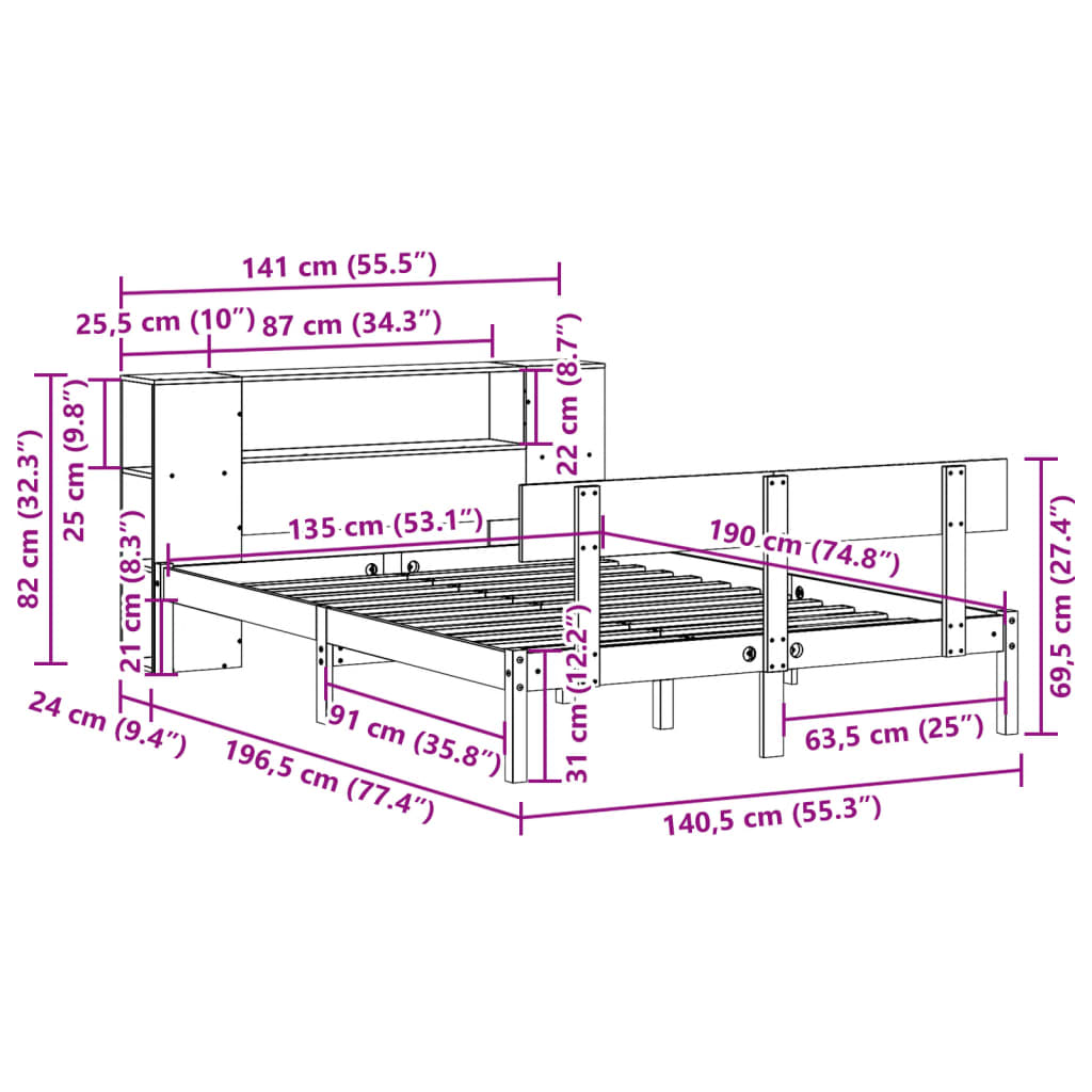 Lit Bibliothèque Sans Matelas Blanc 135X190 Cm Bois Pin Massif