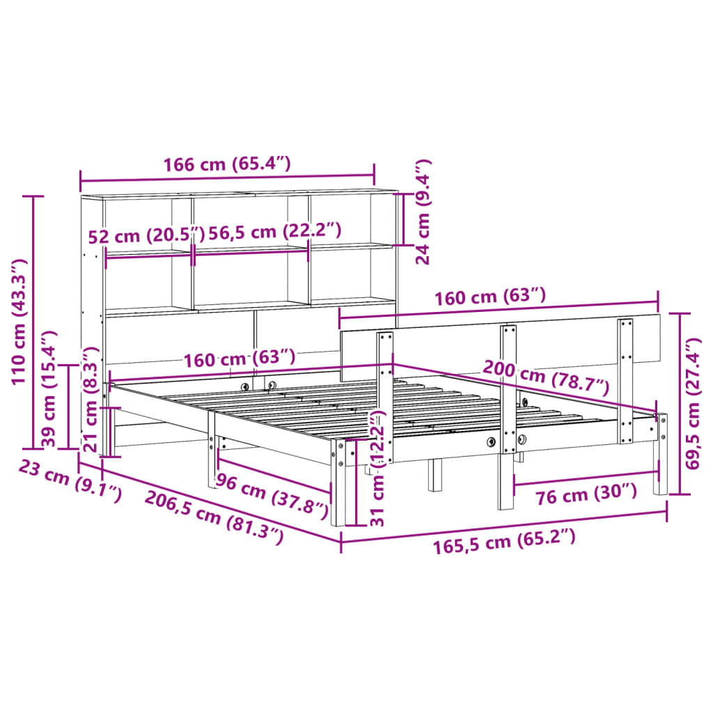 Lit Bibliothèque Sans Matelas Blanc 160X200 Cm Bois Pin Massif