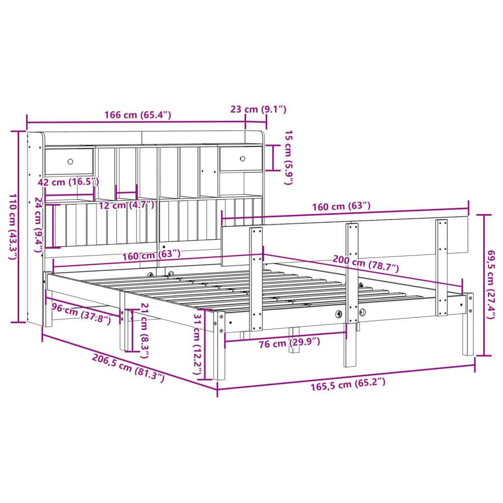 Lit Bibliothèque Sans Matelas Blanc 160X200 Cm Bois Pin Massif