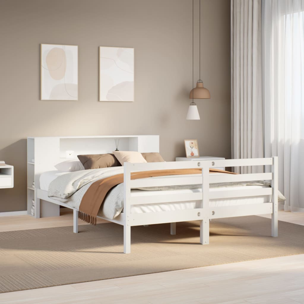 Lit Bibliothèque Sans Matelas Blanc 135X190 Cm Bois Pin Massif