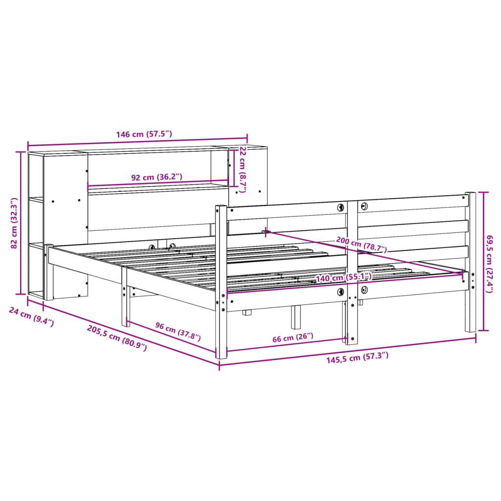 Lit Bibliothèque Sans Matelas Cire Marron 140X200 Cm Pin Massif