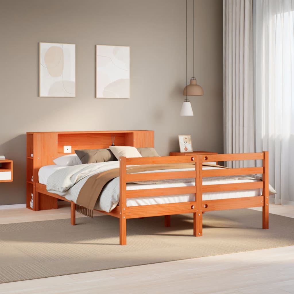 Lit Bibliothèque Sans Matelas Cire Marron 140X200 Cm Pin Massif