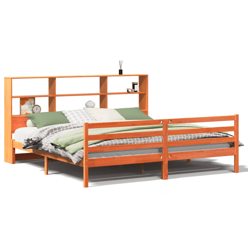 Lit Bibliothèque Sans Matelas Cire Marron 200X200Cm Bois Massif